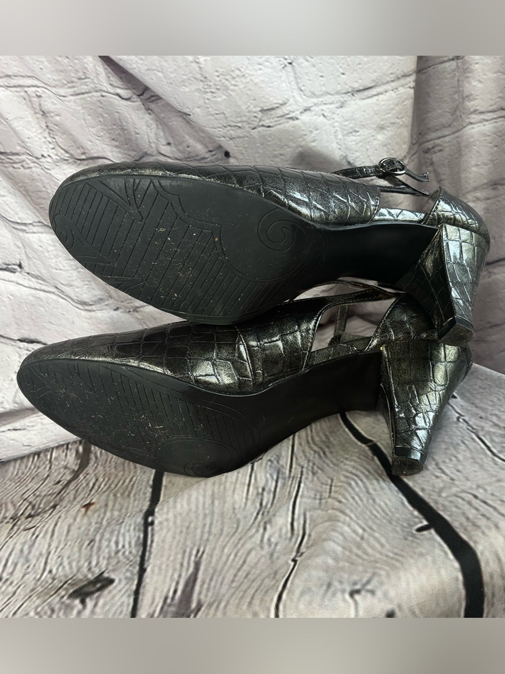 Cybercorp Goth Metal Career Office Siren Pewter Croc Embossed Mary Jane Pumps 10 - Picture 9 of 11